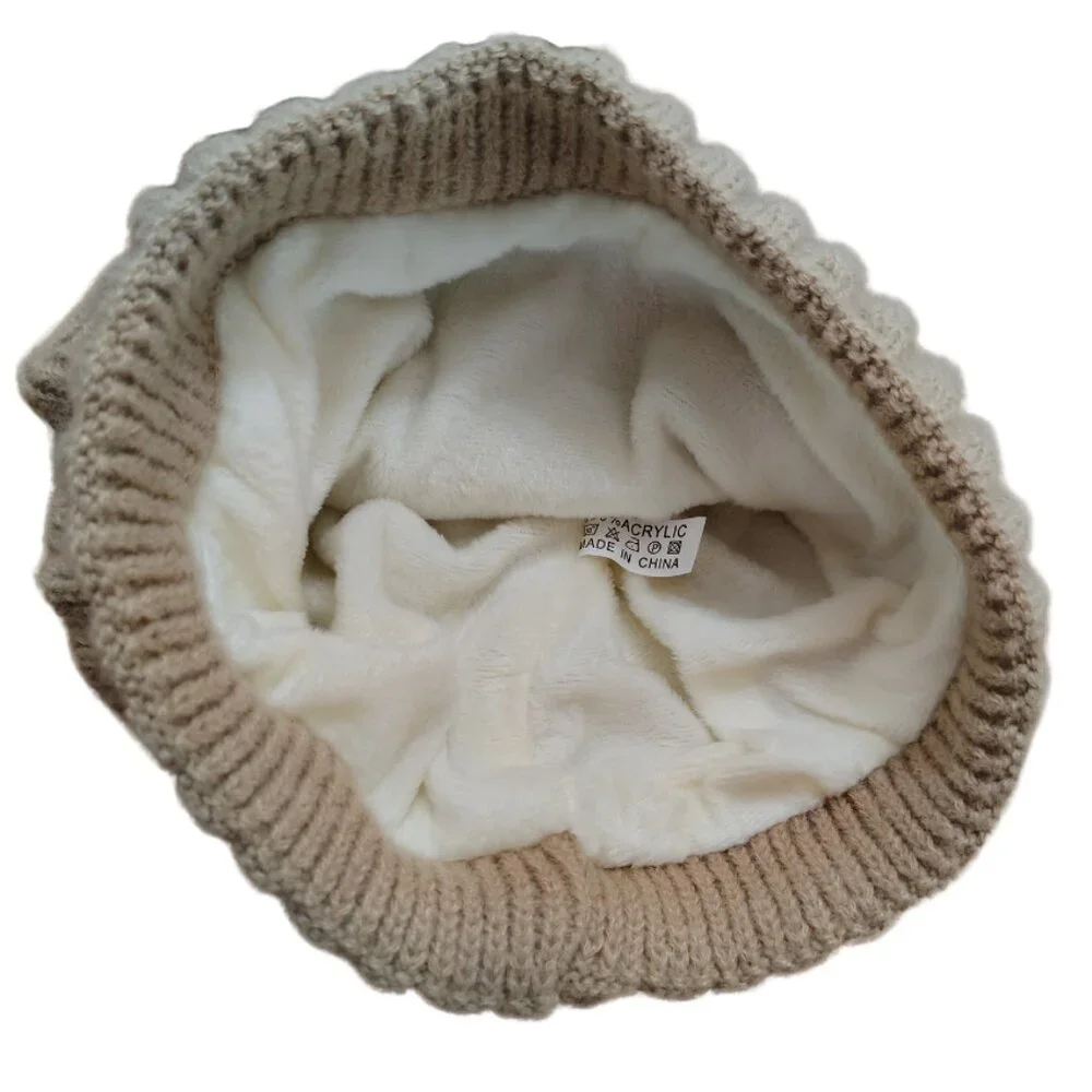 Womens Knit Pom-Pom Beanie‎ OS Tan Brown Fleece Lined Winter Ski Lodge Normcore